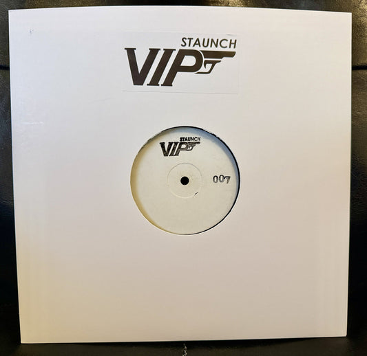 Vinyl record with 'Staunch VIP' branding on a white sleeve.