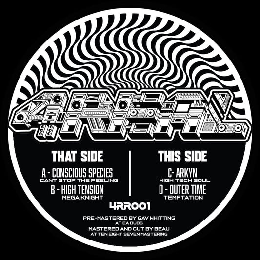 Vinyl record label with text and graphics on a black background