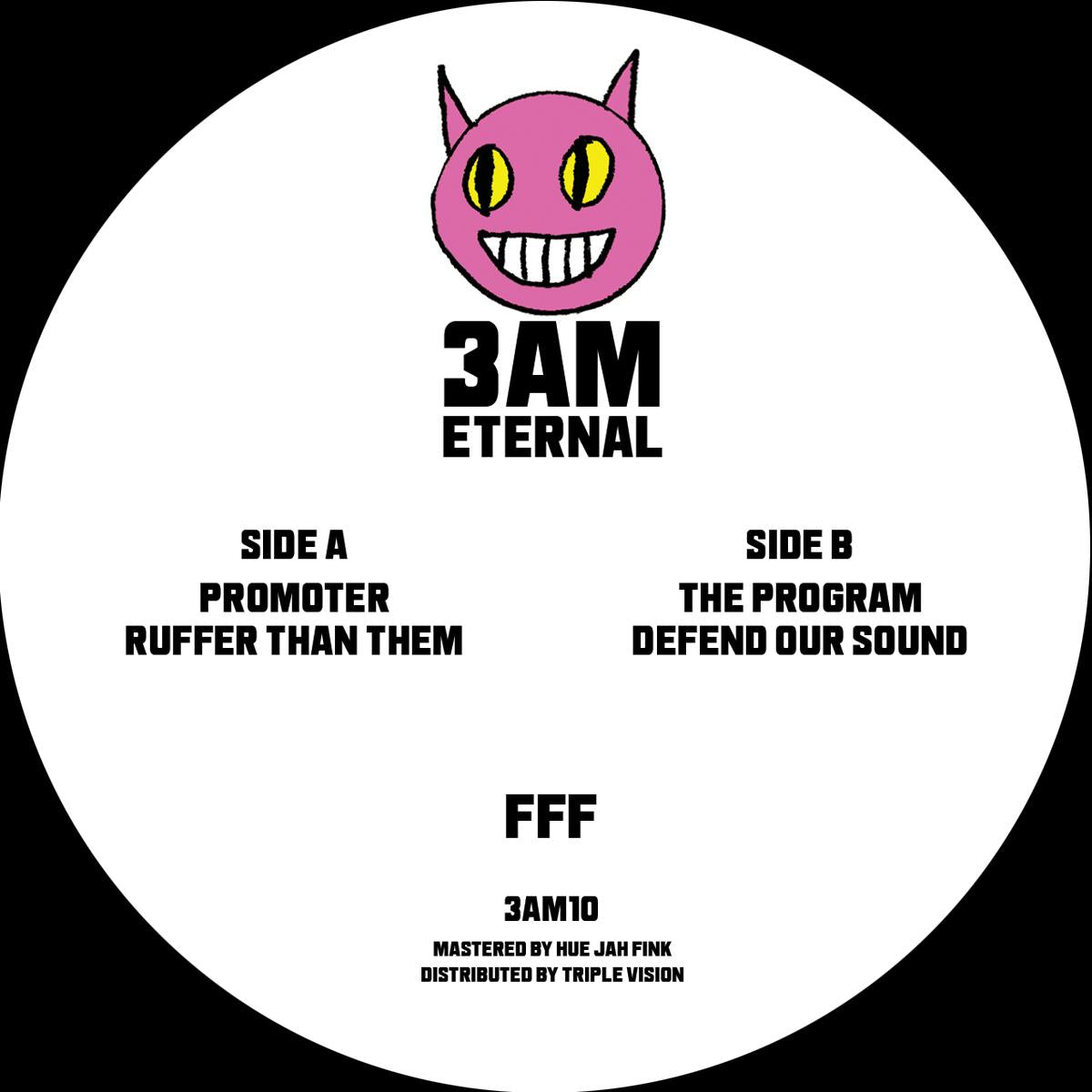 Vinyl record label with a pink monster face and text on a white background