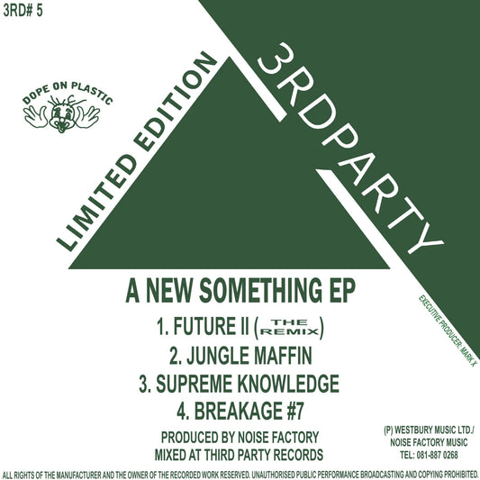 A square album cover design for 'A New Something EP' by Noise Factory Music, featuring a bold green geometric background with white text and tracklist details.
