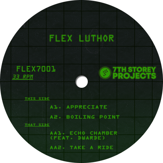 Disc with green text on a black grid background, featuring 'Flex Luthor' and '7th Storey Projects'.