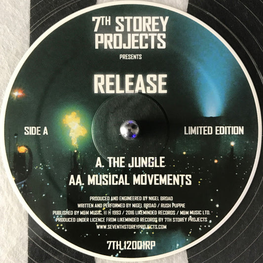 Label Art of Release - The Jungle / Musical Movements, limited edition 12" black vinyl released on 7th Storey Projects