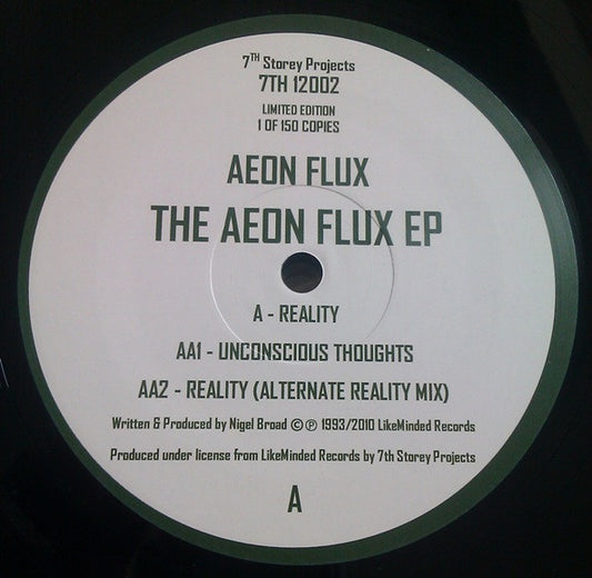 Label Art of Aeon Flux - The Aeon Flux EP, limited edition 12" black vinyl released on 7th Storey Projects