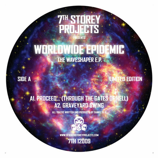 Label Art of Worldwide Epidemic - The Waveshaper EP, limited edition 12" black vinyl release on 7th Storey Projects