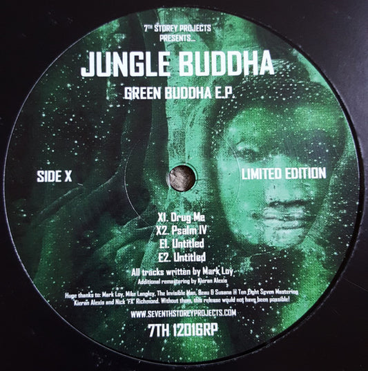 Label Art of Jungle Buddha - Green Buddha EP, limited edition 12" black vinyl release on 7th Storey Projects 
