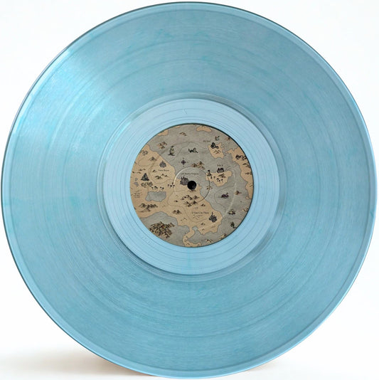 A translucent light blue vinyl record with a detailed fantasy map label in the center, photographed against a clean white background.