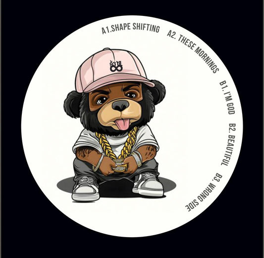 Vinyl record cover with a cartoon bear wearing a pink cap and gold chain, set against a black background.