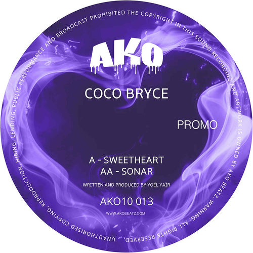 Label art of Coco Bryce - Sweetheart / Sonar, 10-inch black vinyl release on AKO Beatz