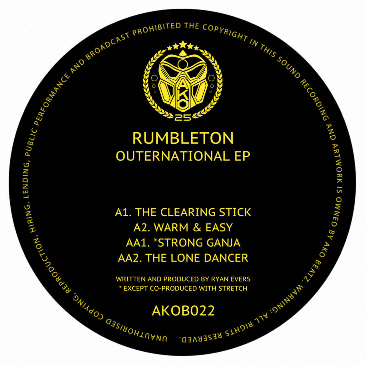 Round black label with yellow text and logo for 'Rumbleton Outernational EP' on a white background