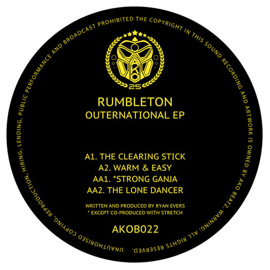 Round black label with yellow text and logo for 'Rumbleton Outernational EP' on a white background