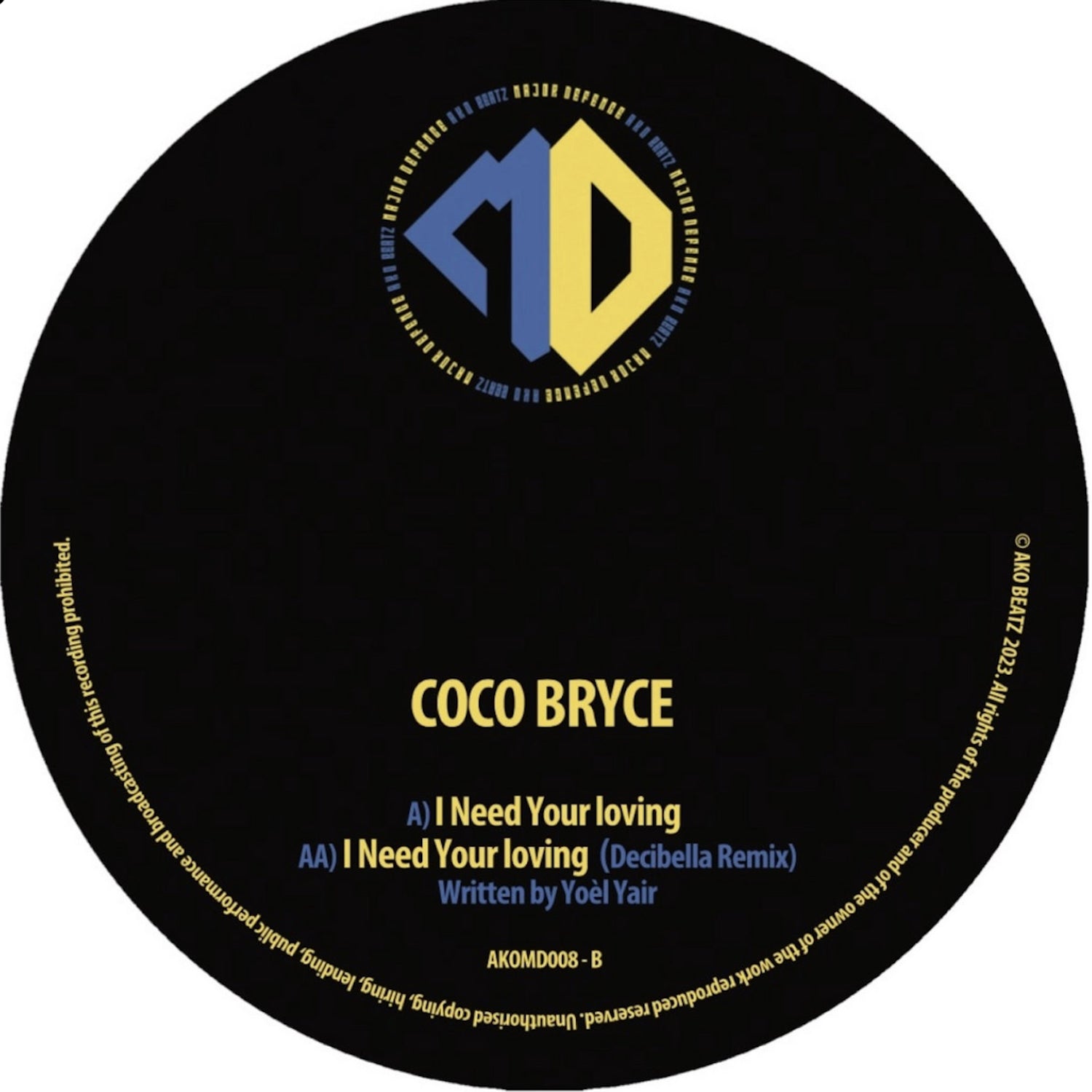 Vinyl record label with 'Coco Bryce' and track listings on a black background