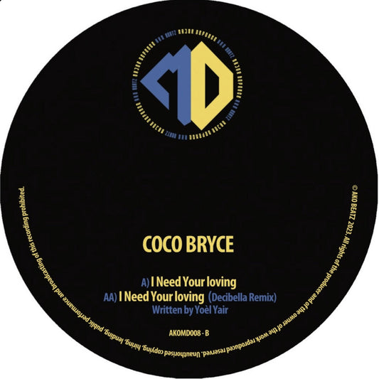 Vinyl record label with 'Coco Bryce' and track listings on a black background