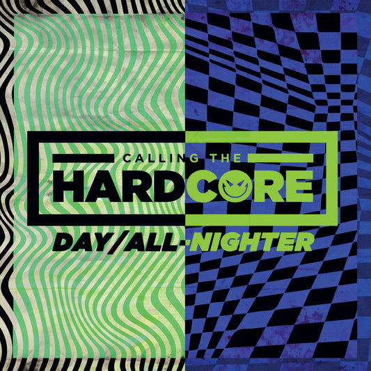 Colorful graphic with text 'Calling the Hardcore Day/All-Nighter' on a patterned background.