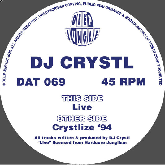 Record label with 'DJ Crystl' and 'Deep Jungle' branding on a white circle.