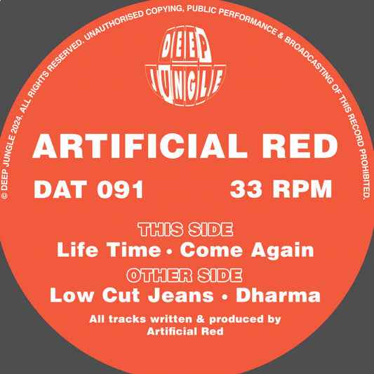 Label art of Artificial Red - Low Cut Jeans EP - 12" vinyl release on Deep Jungle