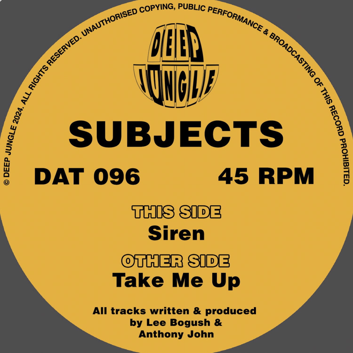 label art of Subjects - Take Me Up  - 12" vinyl release on Deep Jungle