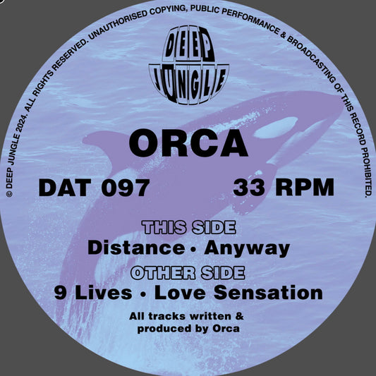 Record label for ORCA with text and a dolphin graphic on a gray background