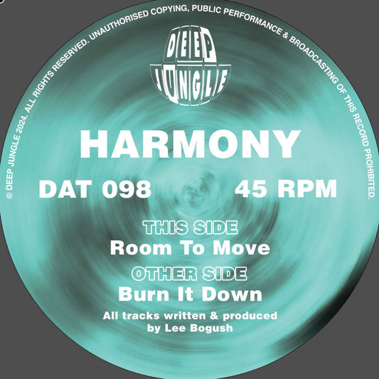 label art of Harmony - Burn It Down - 12" vinyl release on Deep Jungle