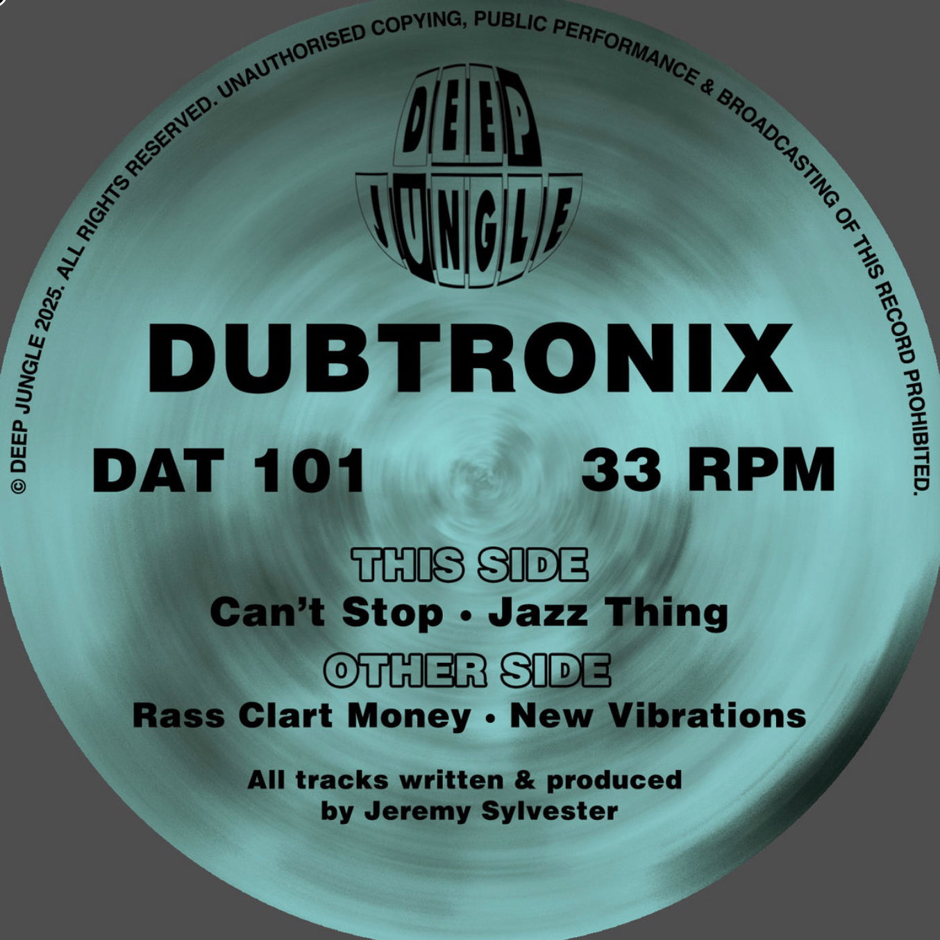 Vinyl record label for 'Dubtronix DAT 101' with text and branding.