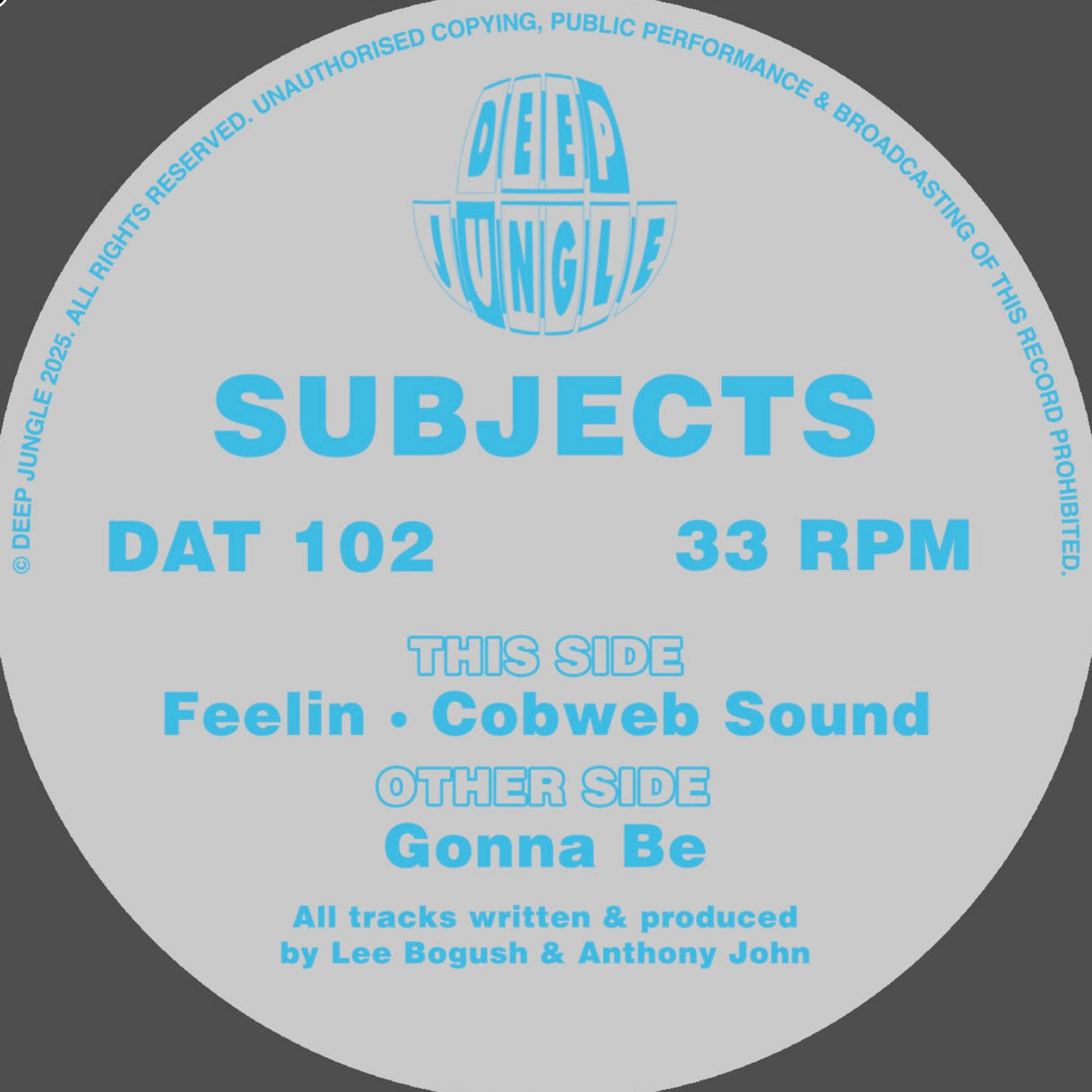 Vinyl record label with text and logo on a gray background