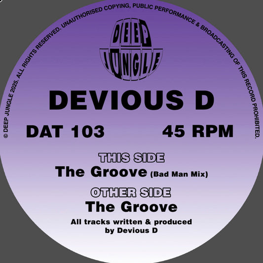 Vinyl record label with 'Devious D' and 'Deep Jungle' branding on a purple background.