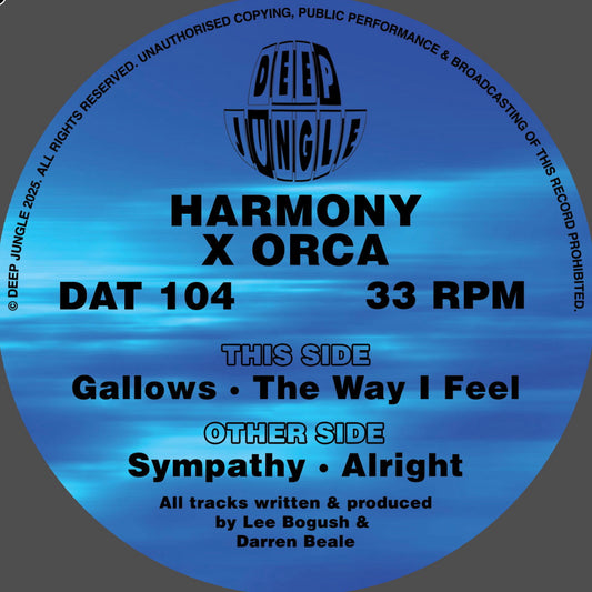 Vinyl record label with text and Deep Jungle logo on a blue background