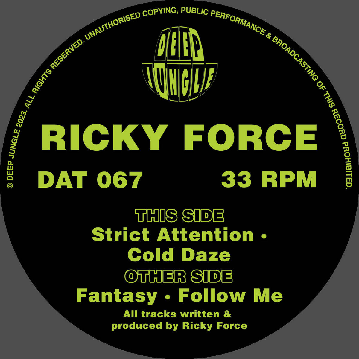 Vinyl record label with yellow text on a black background