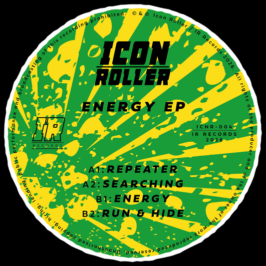 A circular vinyl record cover for 'ICON ROLLER Energy EP' featuring a bold green and yellow paint-splatter design with black text listing track titles and release details.