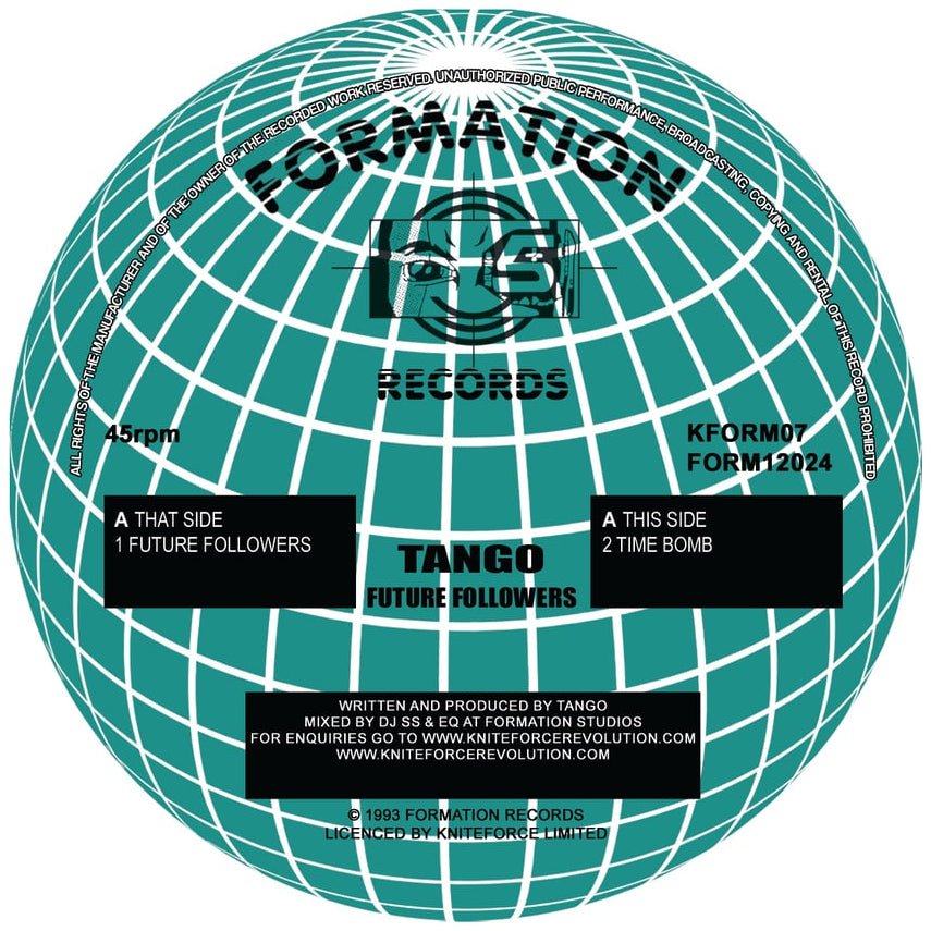 Teal vinyl record with grid pattern and text on a white background
