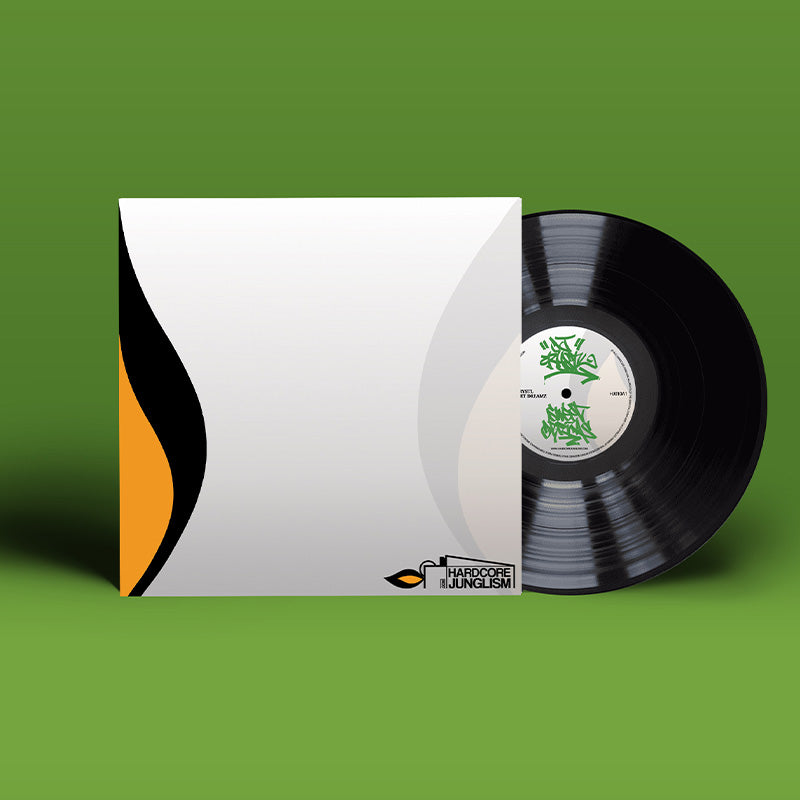 Vinyl record with a white sleeve on a green background