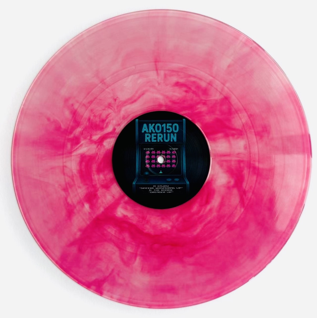 Pink and white marbled vinyl record with a label in the center on a white background