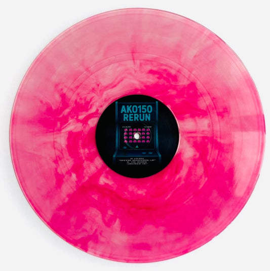 Pink and white marbled vinyl record with a label in the center on a white background