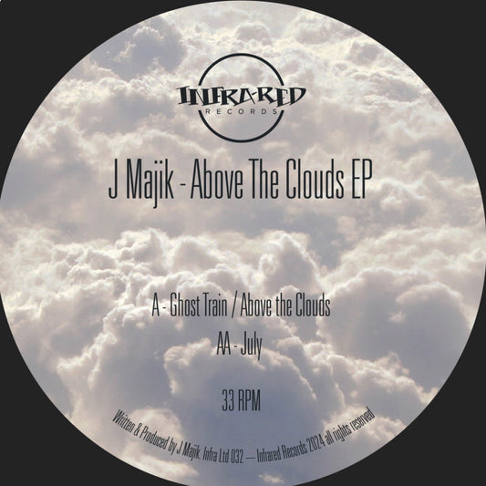 label art of J Majik - Above The Clouds - 12" vinyl release on Infrared Records
