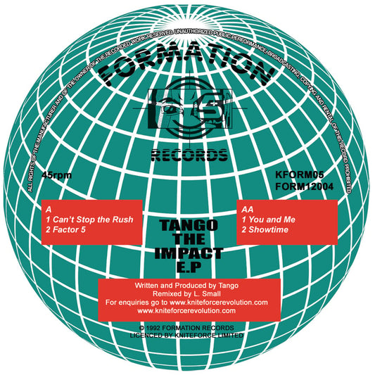 Globe with text and labels for Formation Records and Tango music EP