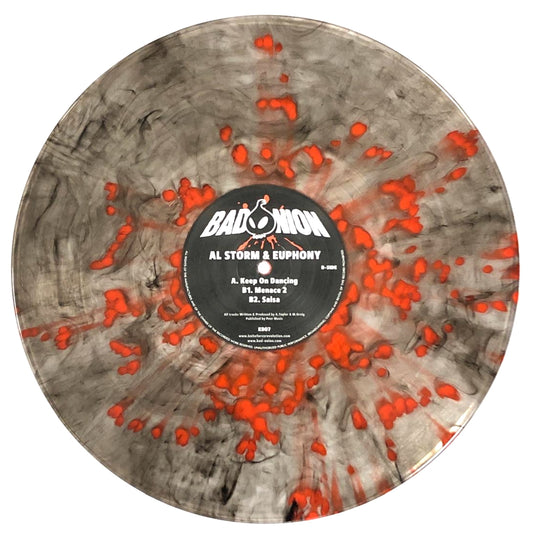 Vinyl record with red and gray marbled design and visible label