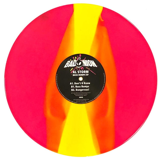 Vinyl record with colorful design and label on a white background