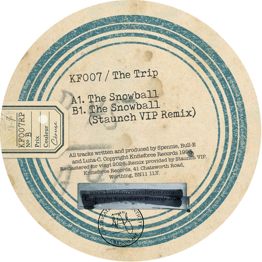 A round vintage vinyl record label for 'The Trip' by Knifeedge Records, featuring a beige paper background with teal-blue concentric rings and black printed text, including track titles 'The Snowball' and remix information.