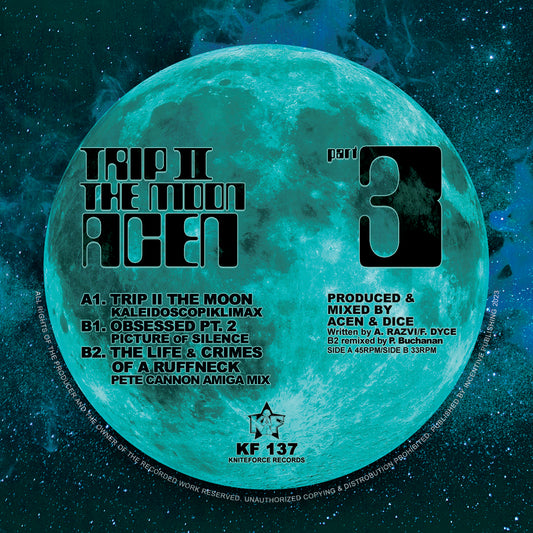 Label Art of From Acen – Trip II The Moon Part 3, limited edition 12-inch green vinyl release on Kniteforce Records