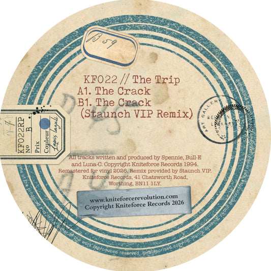 A round vinyl record sleeve or cover art for KF022 // The Trip, showing a beige paper-like background with teal circular graphics, red title text, and black printed track information for A1. The Crack and B1.