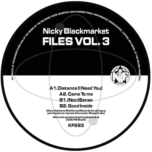 Vinyl record label for 'Nicky Blackmarket Files Vol. 3' with tracklist and branding.