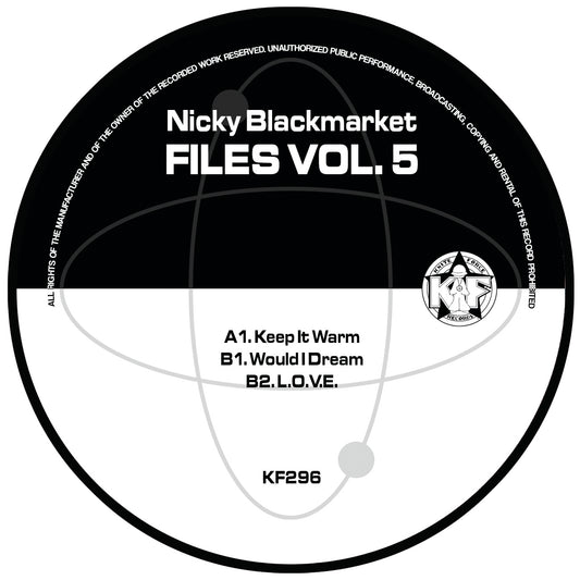 label art of Nicky Blackmarket - Files Volume Five, 12" vinyl release on Kniteforce Records 