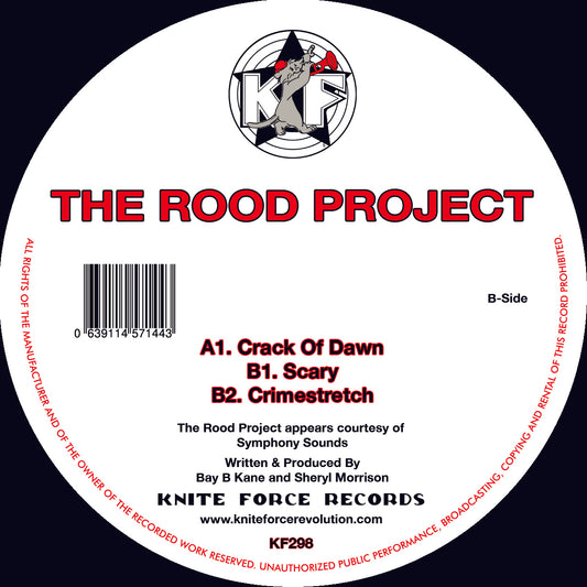 Label art of The Rood Project - Crack Of Dawn, 12-inch black vinyl release on Kniteforce Records
