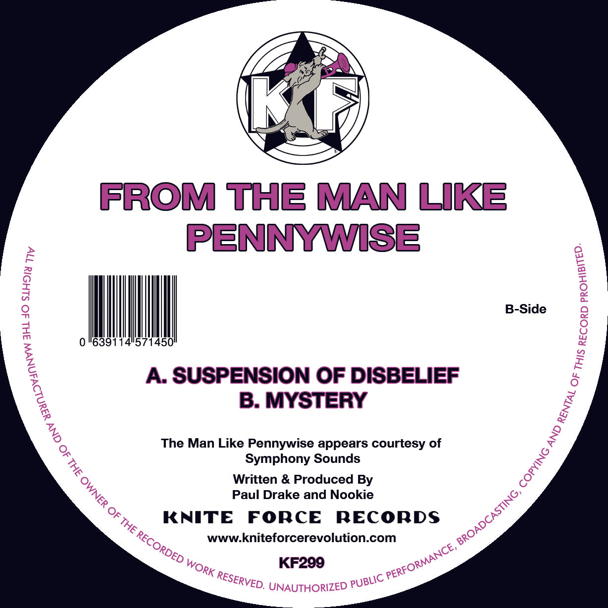 Label Art of From The Man Like The Pennywise – Suspension Of Disbelief / Mystery , 12-inch black vinyl release on Kniteforce Records
