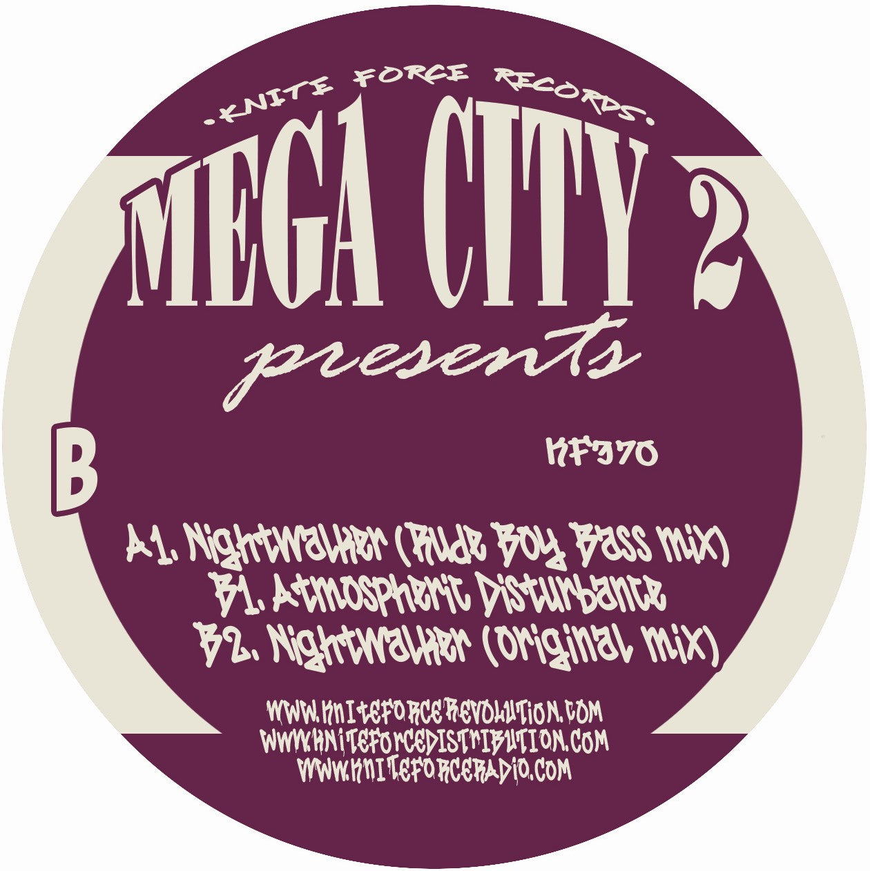 Round record label for 'Mega City 2' with text and branding on a purple and beige background