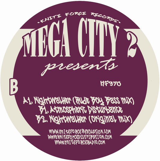 Round record label for 'Mega City 2' with text and branding on a purple and beige background