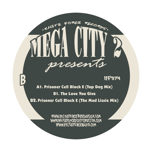 Round vinyl record label for 'Mega City 2' with text and branding.
