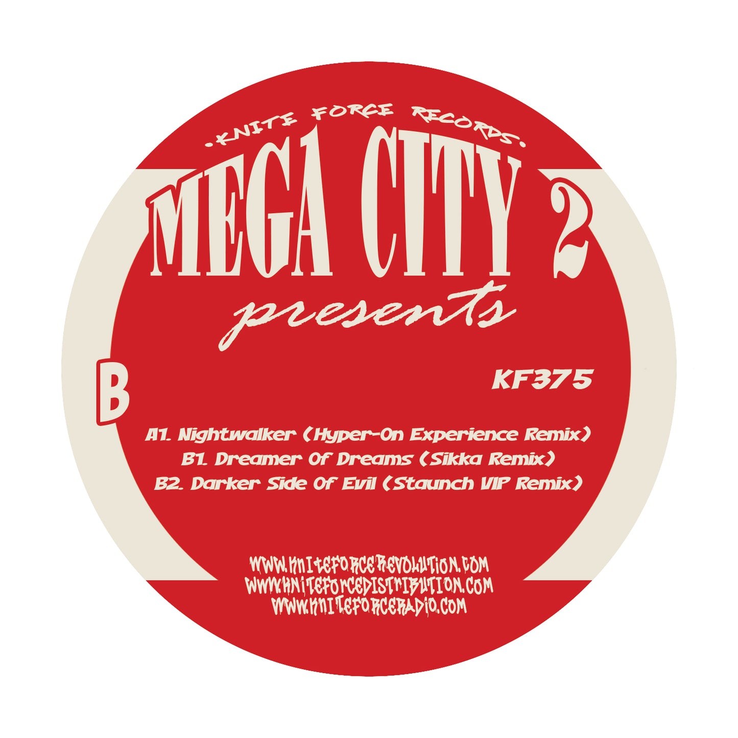label art of Mega City 2 - The Remixes, 12" vinyl release on Kniteforce Records