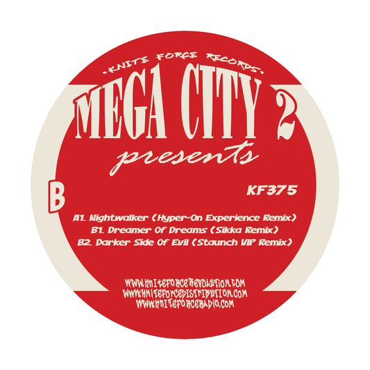 label art of Mega City 2 - The Remixes, 12" vinyl release on Kniteforce Records