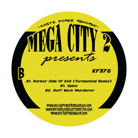 Vinyl record label with 'Mega City' and tracklist on a yellow background