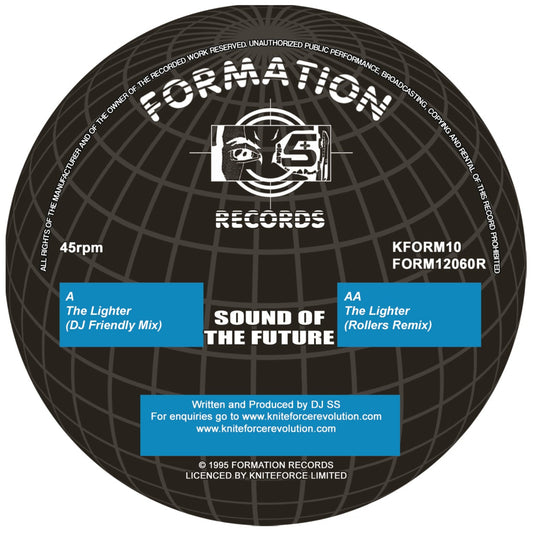 Round vinyl record label with text and branding on a black background